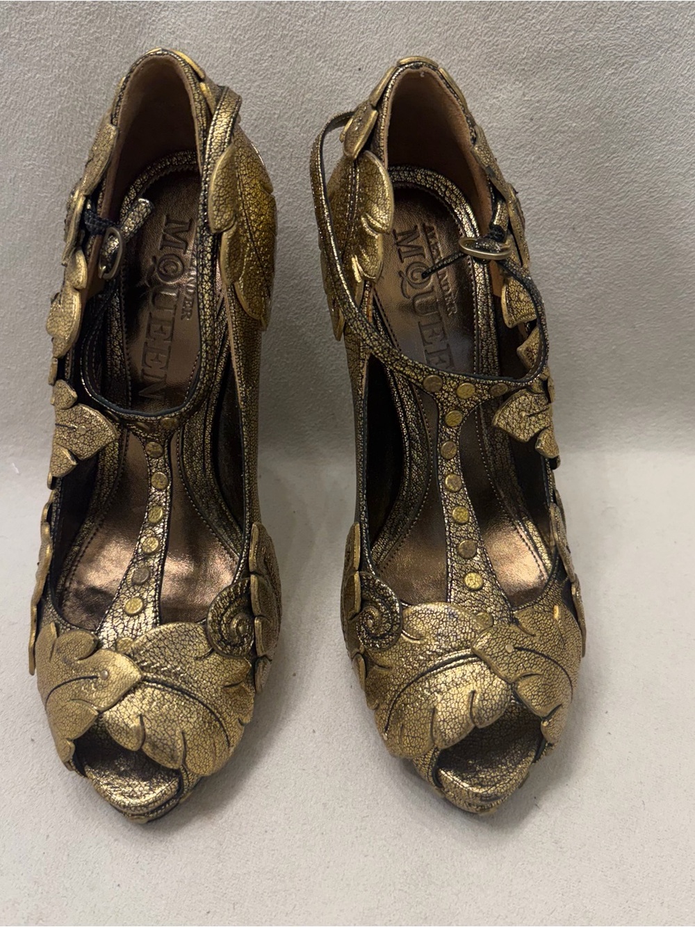Alexander McQueen x Sara Burton Gold Embellished Floral High Heel Peep-Toe Pumps